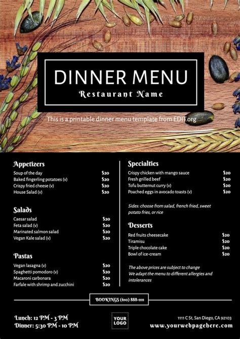 Restaurant Dinner Menu .